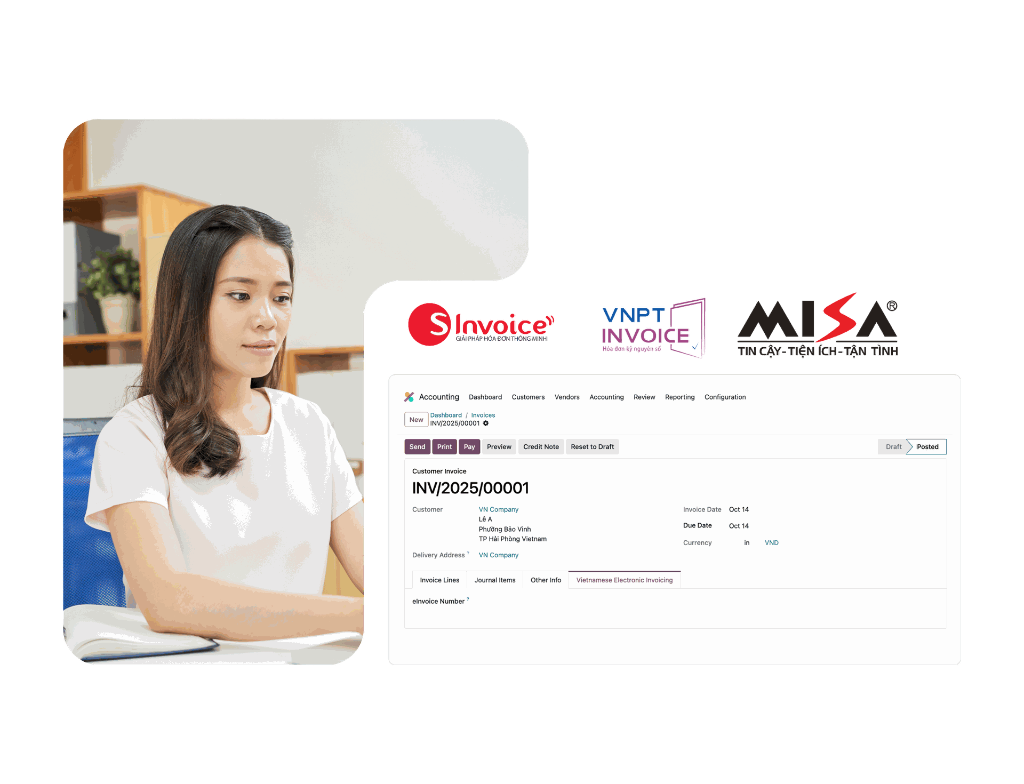 Odoo e-invoice generation through local platforms like VNPT, S-Invoice, and Misa